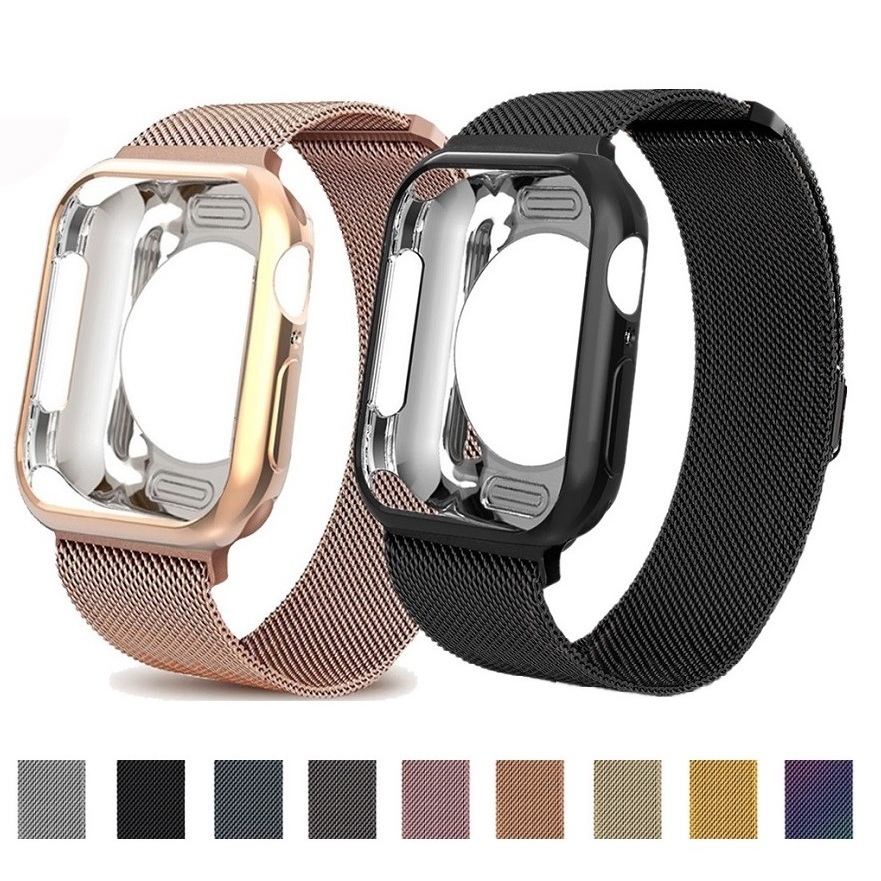 สาย Milanese + Soft Case สําหรับ I สายนาฬิกา Series10 9 8 7 6 5 4 3 2 1 se,se2,ultra2 I นาฬิกาขนาด 46 มม.49 มม.38 มม.,40 มม.,42 มม.,44 มม.แม่เหล็กสแตนเลส Iwatch สาย TPU กรณี