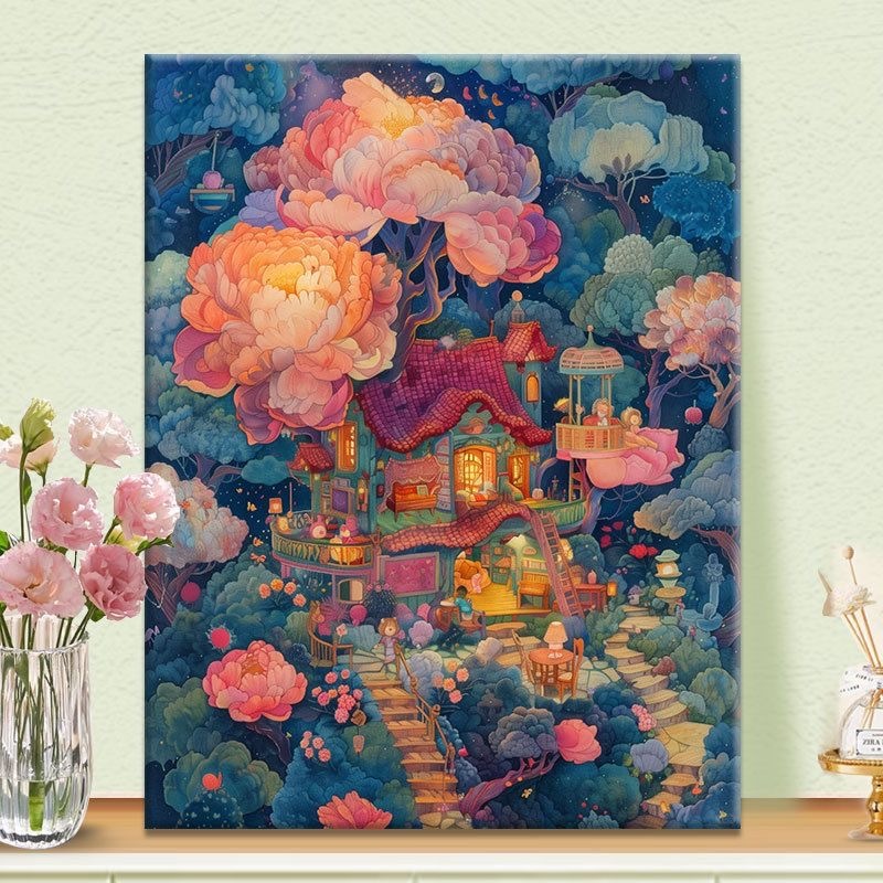 หมู่บ้าน [40*50] บ้านต้นไม้คึกคัก |. ภาพวาดสีน้ำมันดิจิตอล DIY วาดด้วยมือ ดอกไม้ ต้นไม้ ตกแต่งบ้าน
