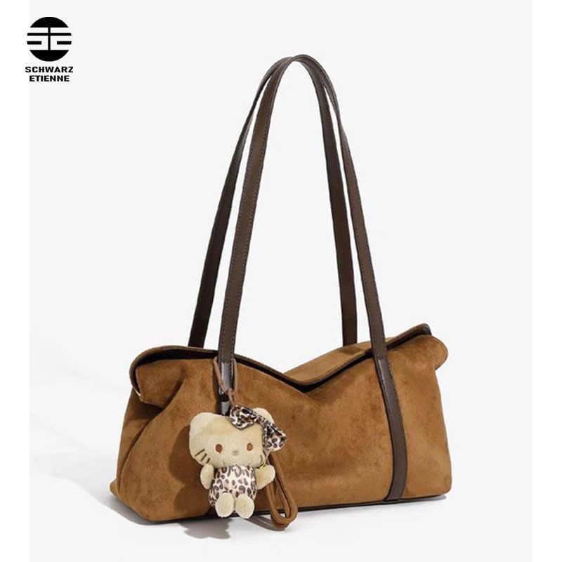 Schwarz ENTEN กระเป๋าสะพายไหล่สตรีเกาหลี niche suede matte simple commuter casual tote bag