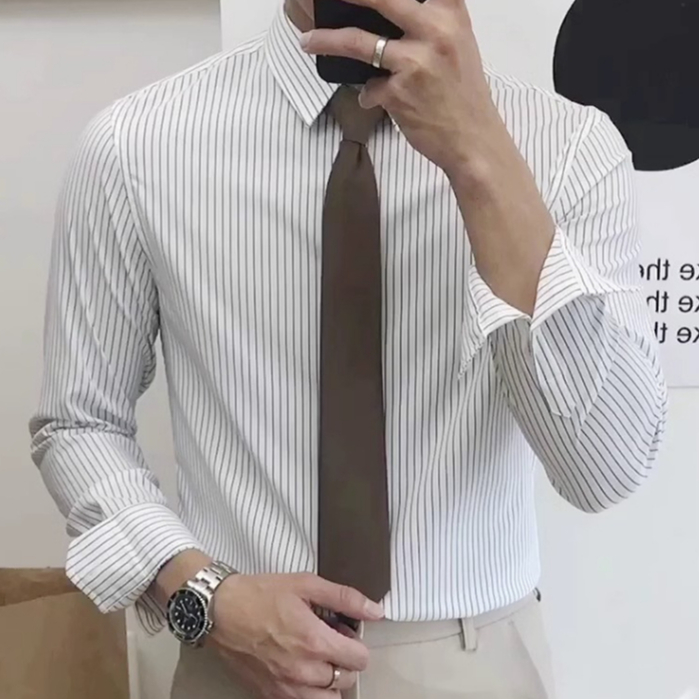 Meason เสื้อเชิ้ตแขนยาวชาย ลายทาง เสื้อเชิ้ตทำงานใส่สบาย สีดํา สีขาว สีฟ้า M-4XL TH-39