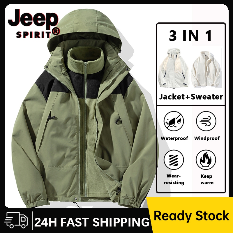 Jeep SPIRIT ฤดูใบไม้ผลิฤดูหนาว Mens เสื้อแจ็คเก็ตกันน้ํา 3 in 1 ชุดสองชิ้นผู้ชายและผู้หญิง Thicken Warm Windbreaker Camping เดินป่า Outwear