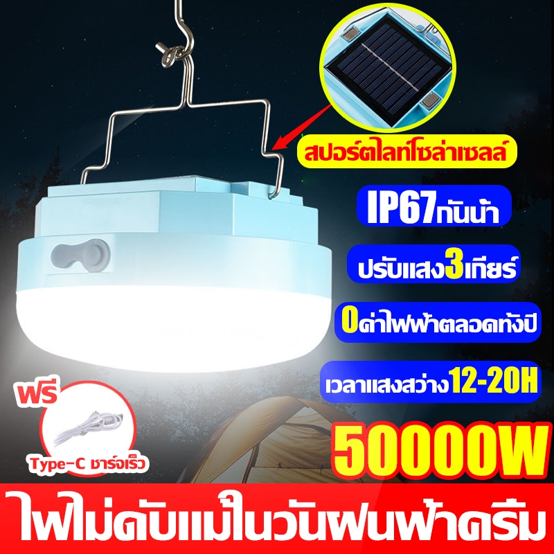 ไฟโซล่าเซลล์ โซล่าเซลล์ 50000W แสงสีขาว หลอดไฟโซล่าเซลล์ LED ไฟพกพา IP67กันน้ำป้องกันฟ้าผ่า Solar light ไฟฉุกเฉิน ไฟตั้งแคมป์