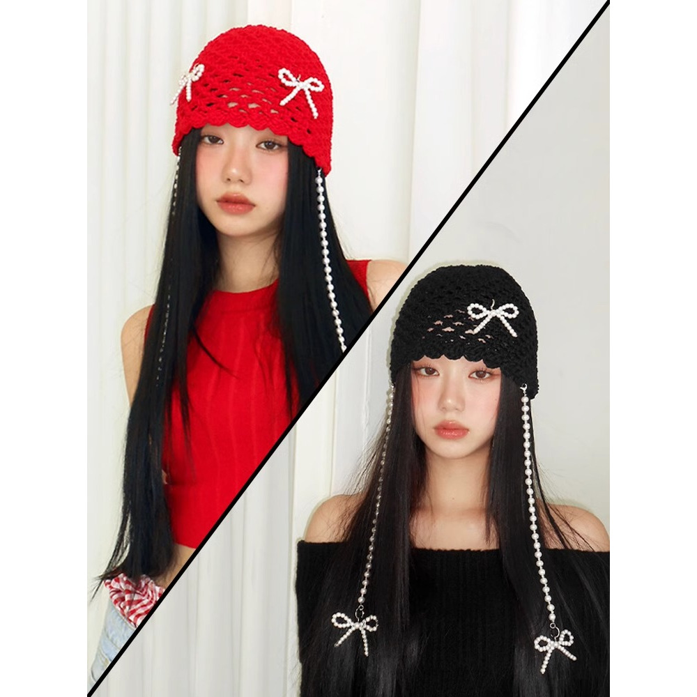 Retro Hollow Bow Pearl พู่ Baotou หมวกหญิงฤดูร้อนสไตล์ชาติพันธุ์ถักหมวกเสื้อสวมหัวขนาดเล็ก