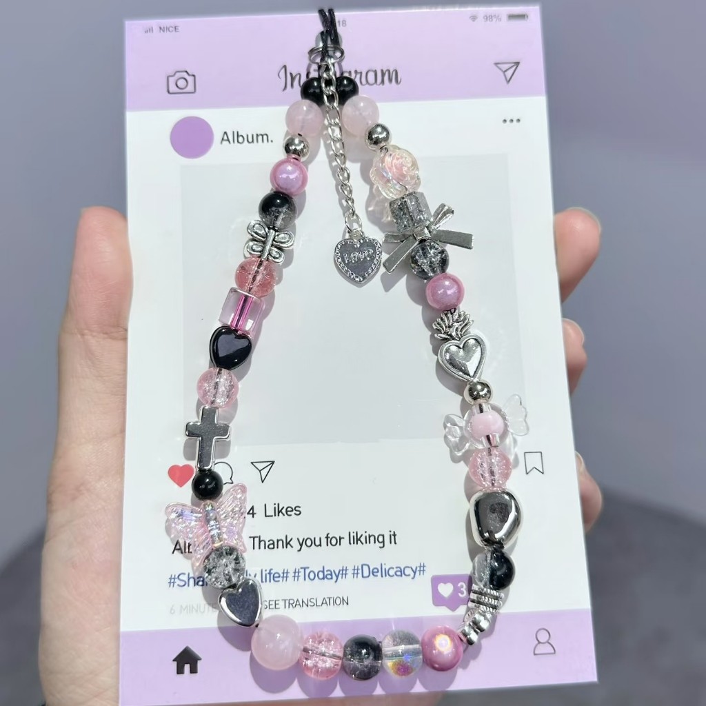 Original Y2K สีชมพูสีแดงสีดําโทรศัพท์ Charms สายรัดน่ารัก Cool สาวจี้ลูกปัดพวงกุญแจสําหรับกล้อง iPhone 13 กระเป๋าหนังสืออุปกรณ์เสริม