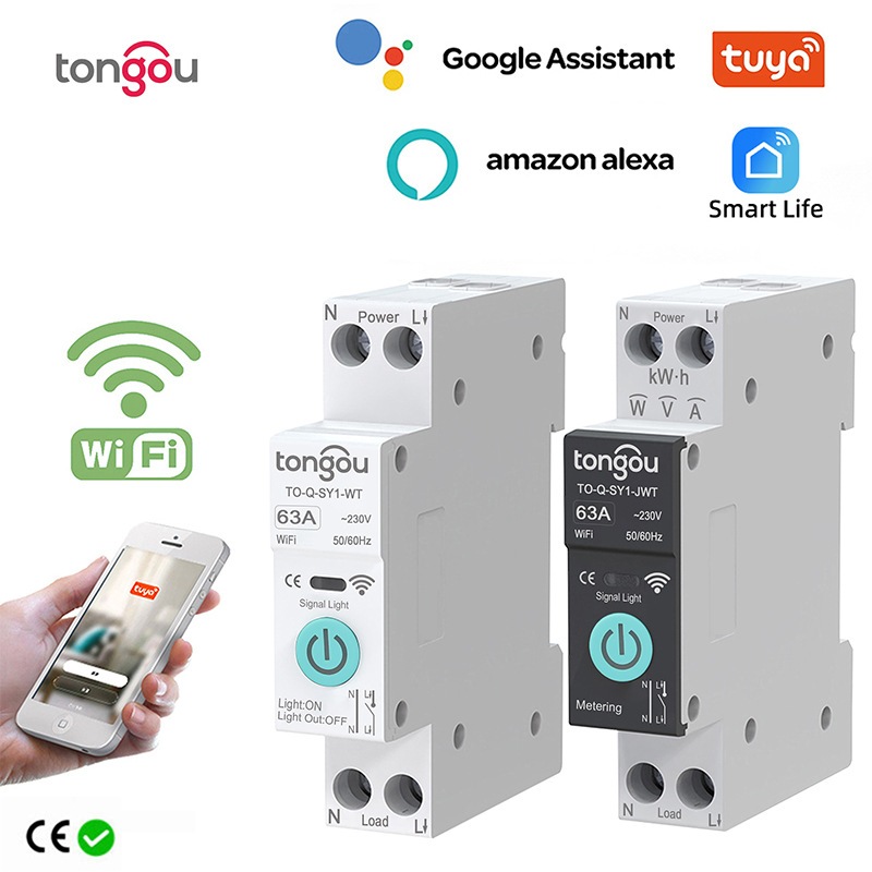 Tuya Smart Circuit Breaker Wi-Fi Circuit Switch 1P 63A Din Rail รีโมทคอนโทรลไร้สายรีเลย์พร้อม Power Meter