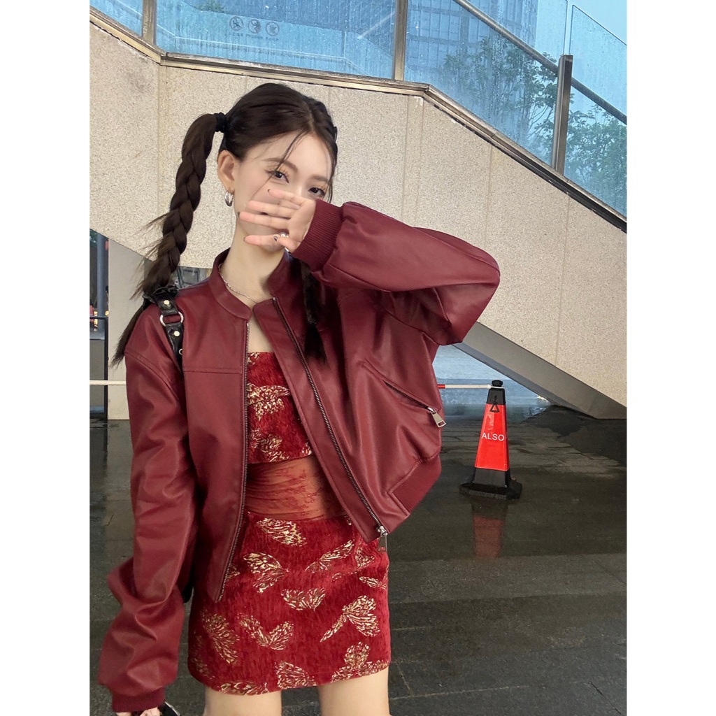 American Vintage Pu Leather Biker Jacket สําหรับผู้หญิง