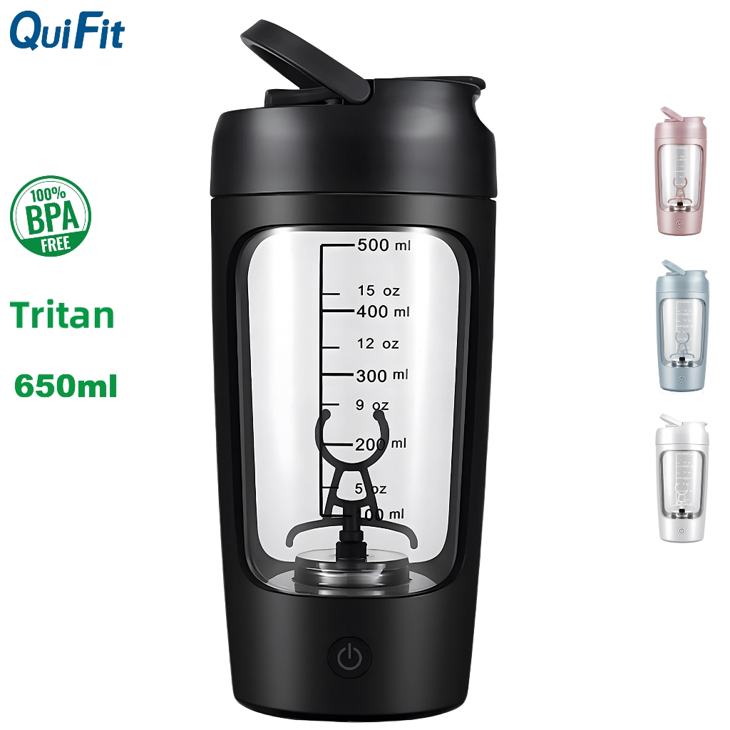Quifit ขวดปั่นโปรตีนไฟฟ้า 650 มล. - 7000 RPM ถ้วยผสมแบบชาร์จ USB สําหรับเขย่าและทดแทนมื้ออาหาร, ขวดเครื่องปั่นแบบชาร์จ USB-C, ถ้วยเชคเกอร์ Tritan ฟรี