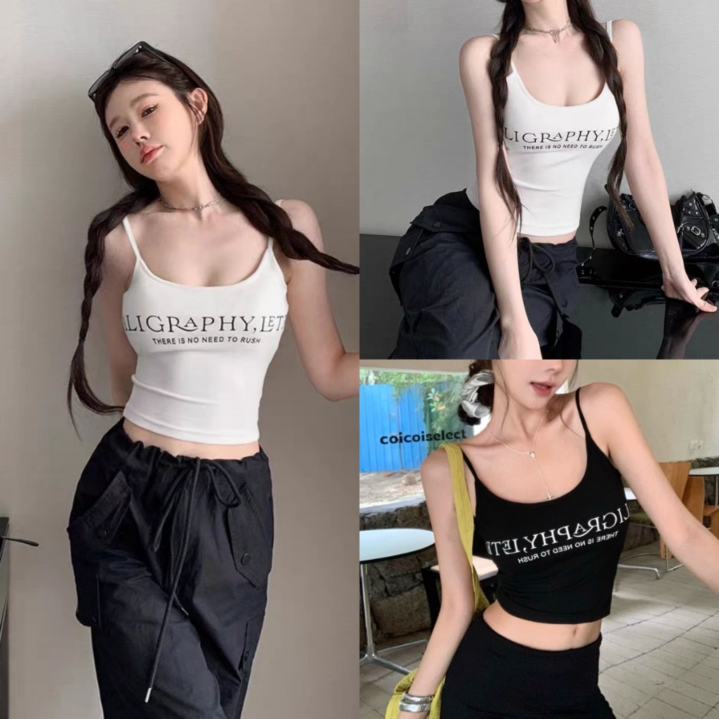 Bella Shop เสื้อกล้ามพิมพ์ลายตัวอักษรเซ็กซี่สำหรับผู้หญิงช่วงฤดูร้อนทรงเข้ารูปพอดีตัว