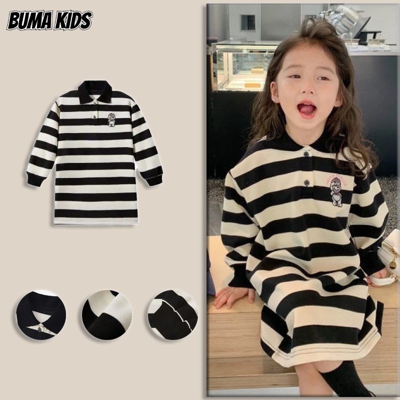 Buma KIDS เสื้อปกลายทางสําหรับเด็ก, ชุดเดรสแขนยาวลายการ์ตูนแฟชั่น