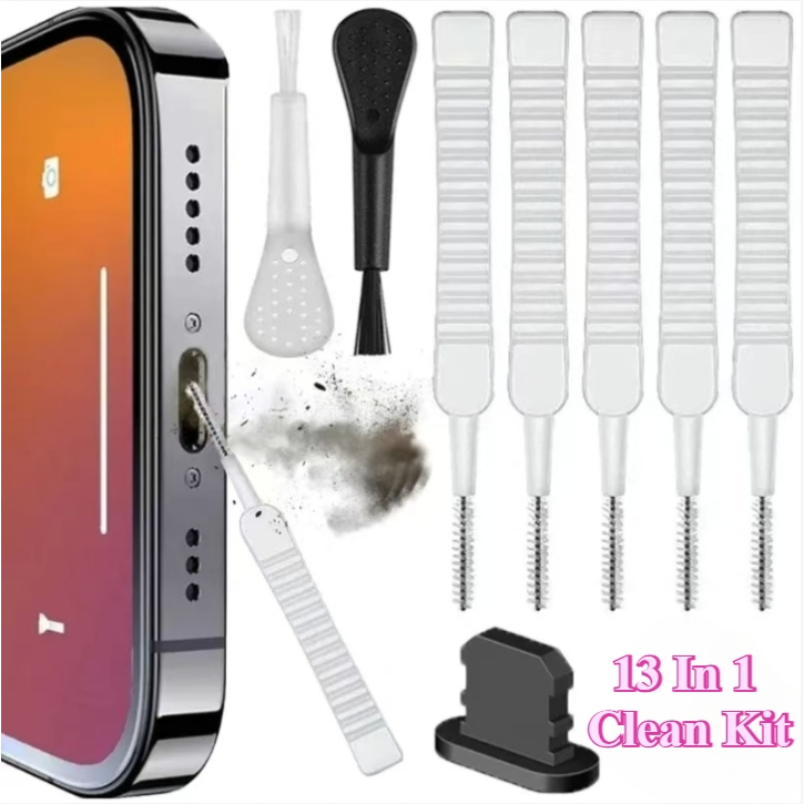 13pcs ลําโพงโทรศัพท์มือถือกําจัดฝุ่นชุดเครื่องมือทําความสะอาดสําหรับ TypeC IPhone16/15/14/13/12/11 Pro Max หูฟังพอร์ตชาร์จแปรงทําความสะอาดกันฝุ่น