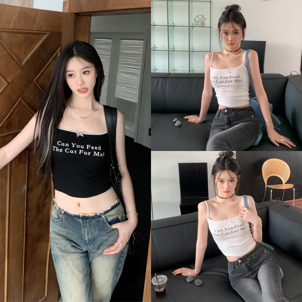 Bella Shop เสื้อกล้ามสายเดี่ยวลายลูกไม้ลายตัวอักษรหวานสำหรับผู้หญิง