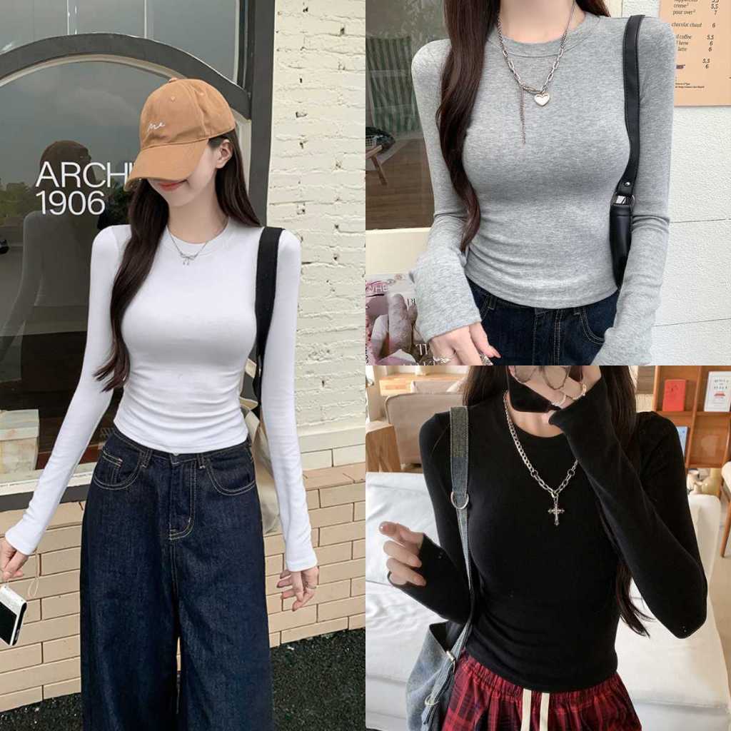 Bella Shop เสื้อยืดแขนยาวสีทึบผู้หญิงคอกลมสลิมฟิตเสื้ออเนกประสงค์