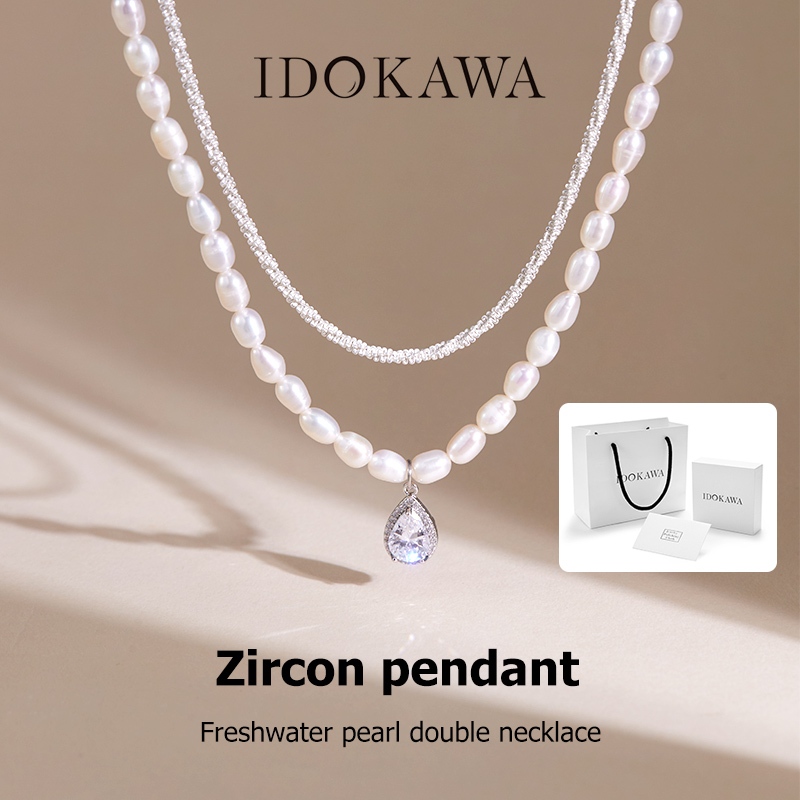 IDOKAWA สร้อยคอ สร้อยมุก สําหรับผู้หญิง มุกน้ําจืดธรรมชาติ เพทาย จี้สร้อยคอ สร้อย ของขวัญ NL2001WW