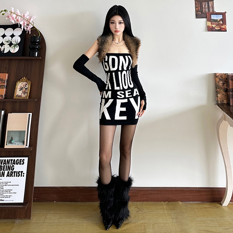 แปลก Puss พิมพ์ผอมกระโปรงชุด Slash-คอรูปเอว Hip-Covering แขนปิดไหล่แฟชั่นลําลองหวานดู Slimmer สไตล์อเนกประสงค์