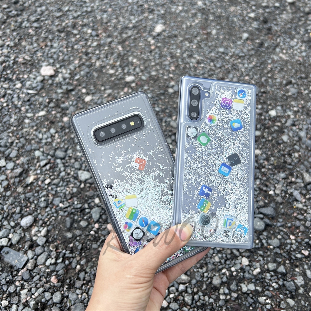 สําหรับ Galaxy S10 S9 Plus หมายเหตุ 9 10 8 APP ไอคอนลอย Glitter Liquid Bling Quicksand กลับกรณีฝาครอ