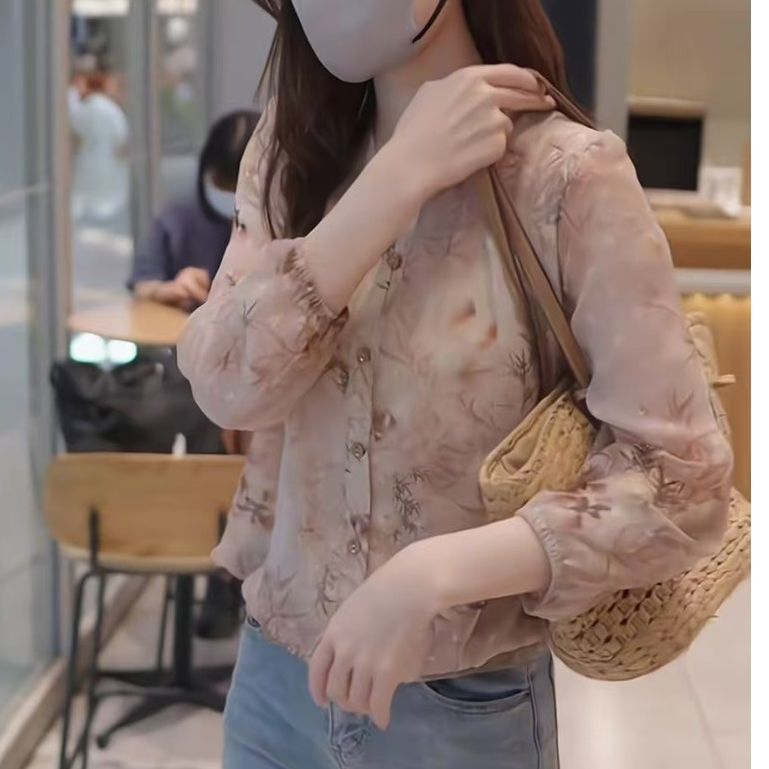สไตล์เกาหลีผู้หญิงสุภาพสตรีหลวมชีฟองดอกไม้เสื้อแขนยาวเสื้อ
