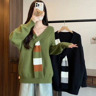 เสื้อไหมพรมผู้หญิงสีเขียวคอวีสำหรับฤดูใบไม้ร่วงและฤดูหนาว สไ…