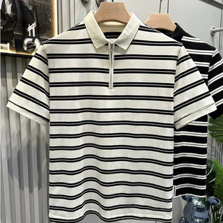 ProMan-เสื้อโปโลผู้ชายลายทาง เสื้อยืดคอปกบาง ธุรกิจ ทำให้ดูผอมเพรียว ลำลอง ความรู้สึกระดับสูง