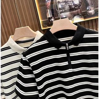 ProMan-เสื้อโปโลผู้ชายลายทาง เสื้อยืดคอปกบาง ธุรกิจ ทำให้ดูผอมเพรียว ลำลอง ความรู้สึกระดับสูง