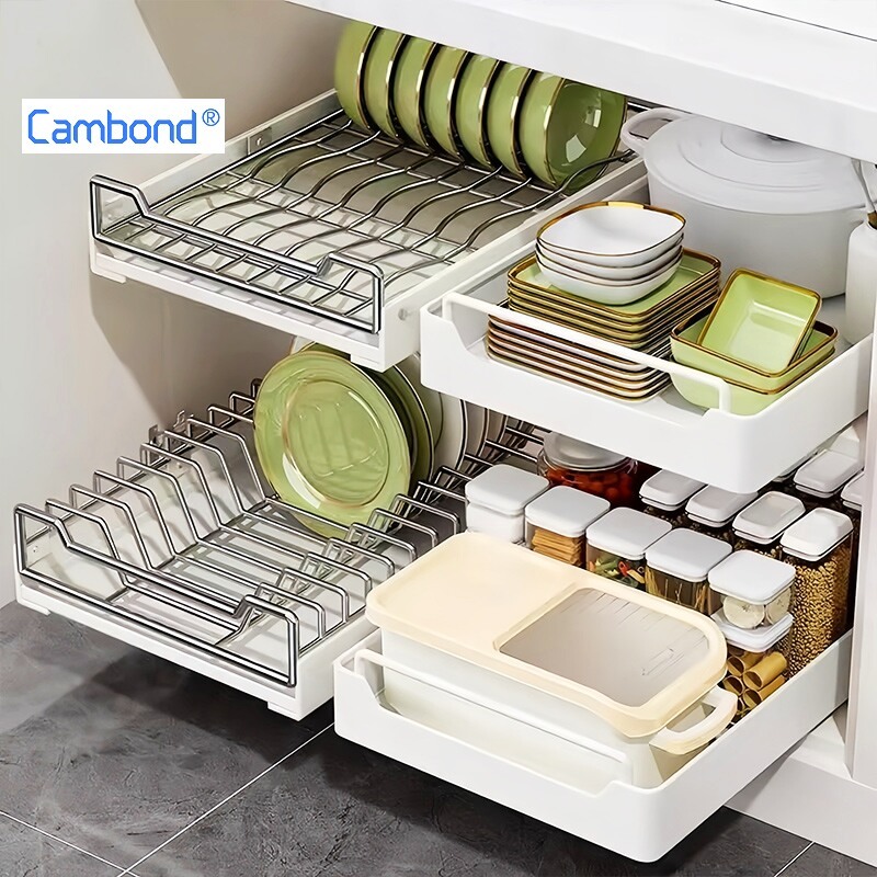 Cambond ตะกร้าสแตนเลสแบบดึงออกได้สำหรับตู้ครัว ตะแกรงจัดเก็บจาน ราววางจานแบบดึงออกได้