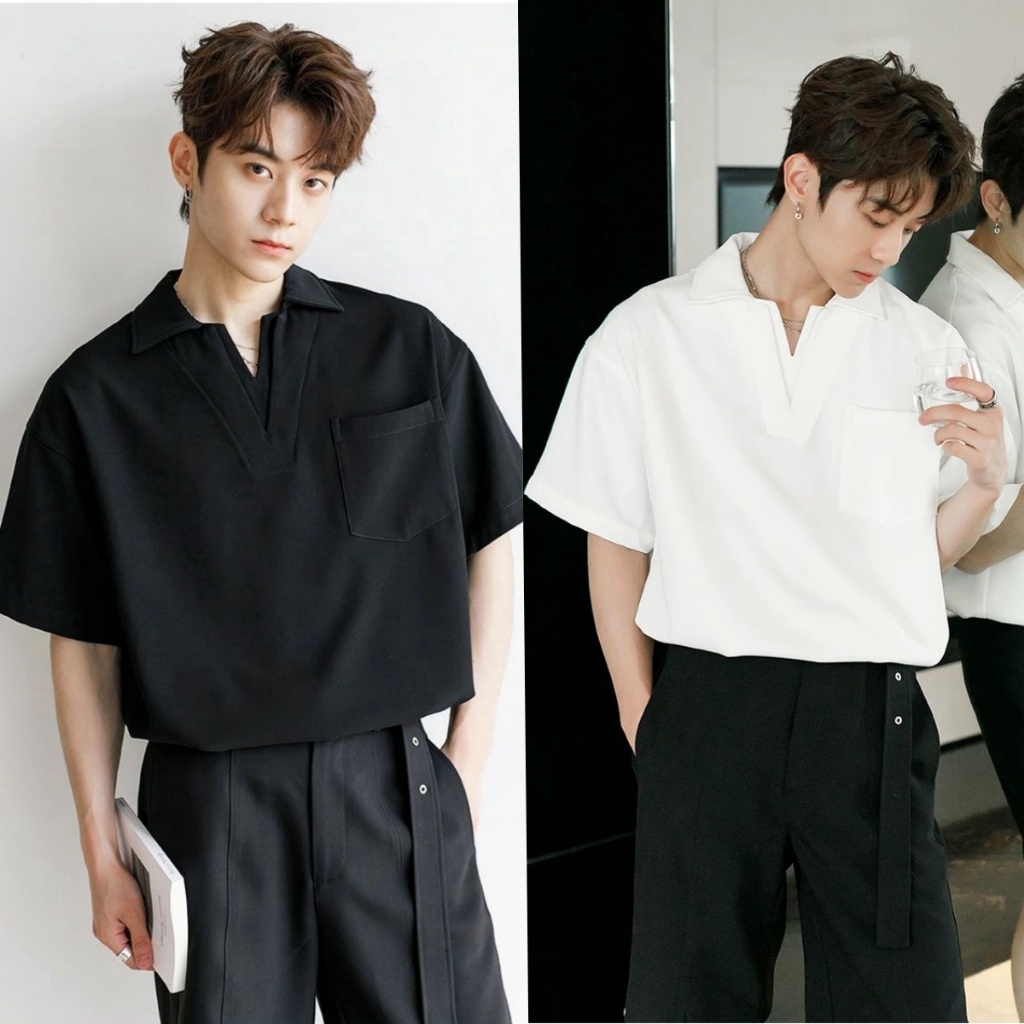 ProMan-เสื้อยืดคอวีผู้ชาย  แขนสั้นคอปกสีล้วน  เรียบง่าย  แมทช์ลุคง่าย  แบบหลวม  POLO  ระบายอากาศได้ดี