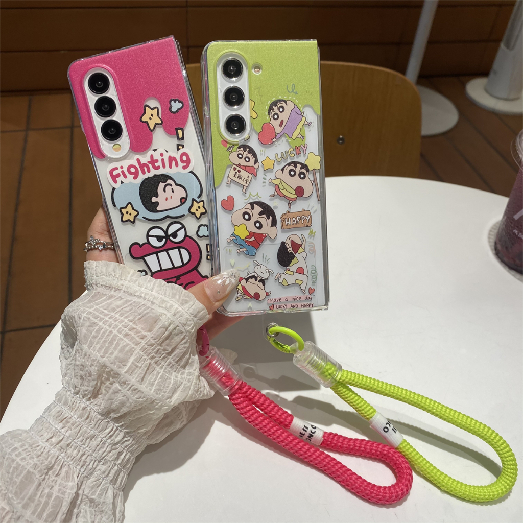 การ์ตูน น่ารัก เครยอนชินจัง เชือกเส้นเล็ก เคส Samsung Galaxy Z Fold 6 5 4 3 Case ลายเปลือกหอย PC ป้องกันการตก พลิกปก เคส