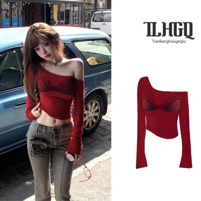 Tian-lianhaogeqiu เสื้อยืดผู้หญิง อเมริกันเซ็กซี่ไหล่เอียงสีแดงแขนยาวด้านในด้านบน