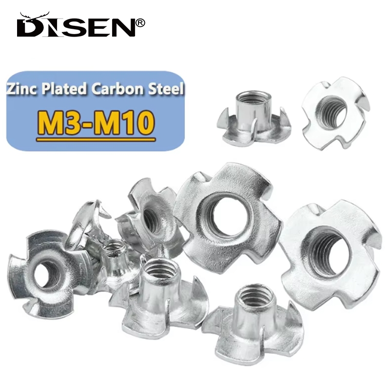 M3 M4 M5 M6 M8 M10 สังกะสีชุบสี่กรงเล็บ Nut T-Nut Blind Pronged ใส่ T-Nut สําหรับเฟอร์นิเจอร์ไม้ฮาร์