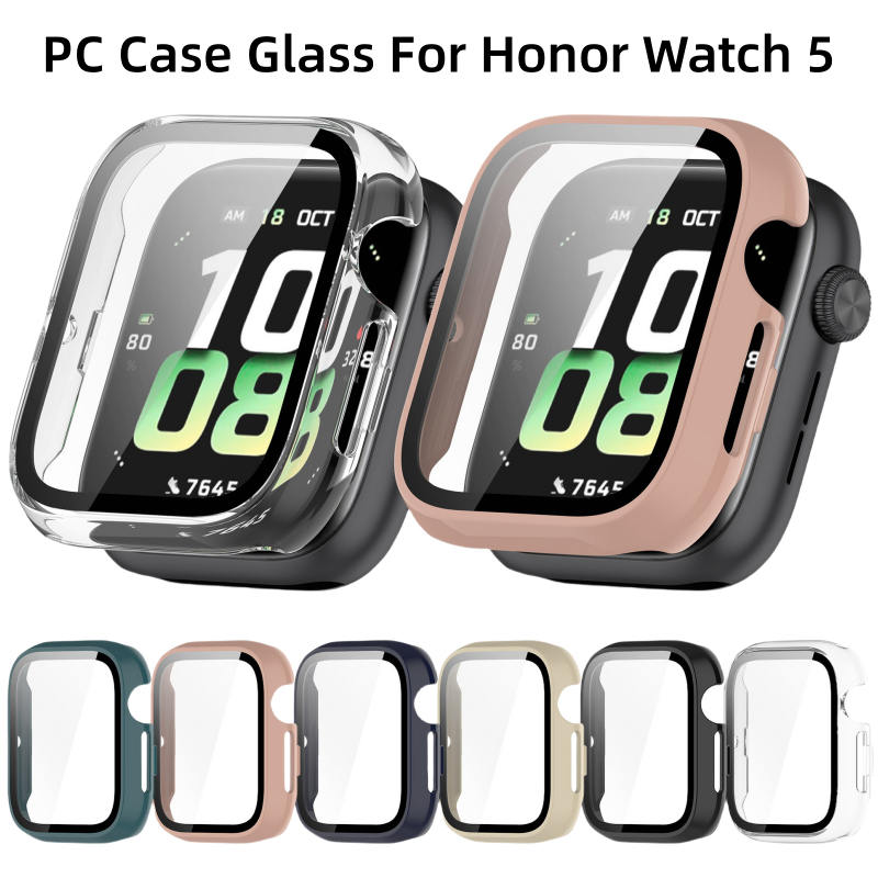 กระจกนิรภัย + กรณีสําหรับ Honor Watch 5, หน้าจอ Protector Shell PC ฝาครอบป้องกันกันชน All-Around สําหรับ Honor Watch 5 อุปกรณ์เสริม