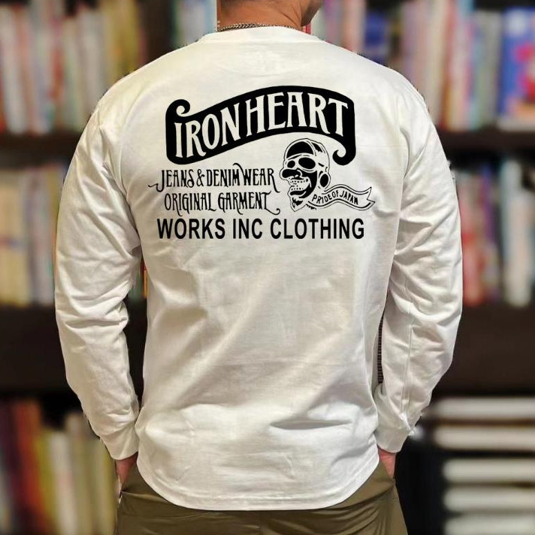 Iron HEART รถจักรยานยนต์ย้อนยุคแขนยาวคลาสสิกพิมพ์โลโก้ผ้าฝ้าย 100%