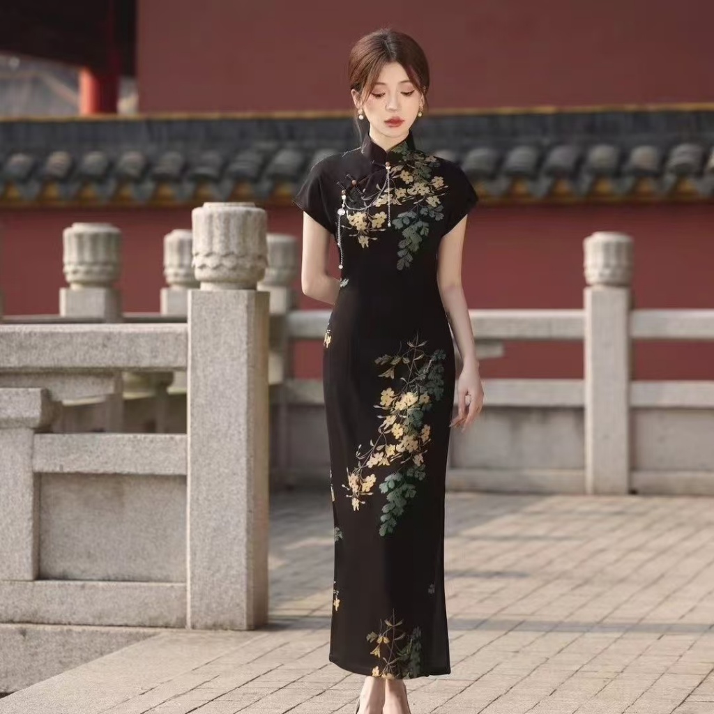 2025 ใหม่สไตล์จีนย้อนยุคทุกวันสามารถสวมใส่แขนสั้นเดิมเอวบางสีดําลมบริสุทธิ์ กี่เพ้า