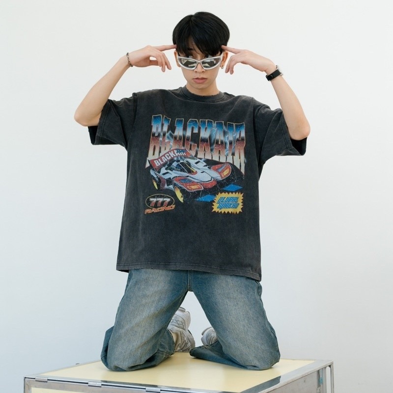 ผ้าคอตตอน100% Qkoole เสื้อยืดผ้าฟอก oversize แนวสตรีท สไตส์อเมริกา I003102