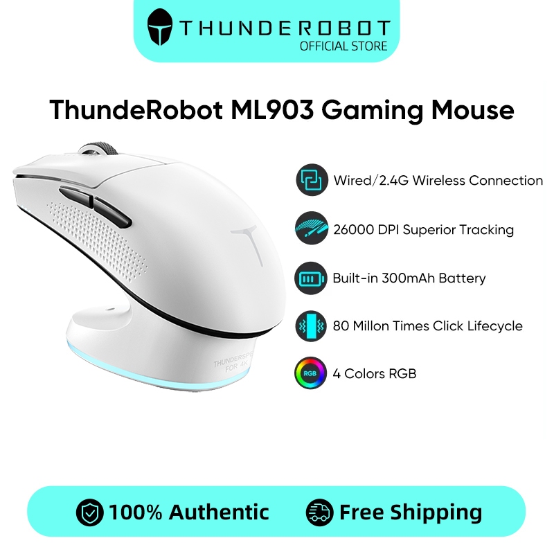 Thunderobot ML903 Tri-Mode เมาส์เล่นเกมบลูทูธไร้สาย 2.4G แบบใช้สาย เมาส์ PAW3395 3200DPI แบบชาร์จไฟได้น้ำหนักเบา
