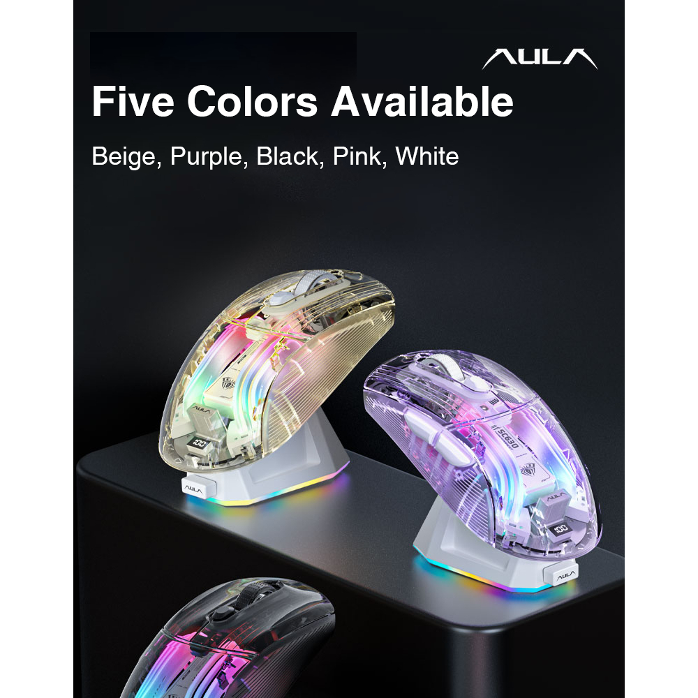 Aula SC630 เมาส์โปร่งใส Tri mode Luminous RGB ที่นั่งแม่เหล็กชาร์จ DPI1000-4000 เมาส์สําหรับเล่นเกม