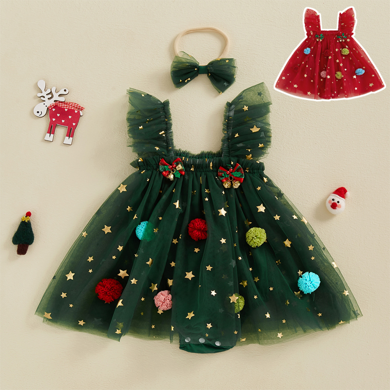 Laa6-เด็กทารกคริสต์มาส Bobbles Bells Decor กระโปรงตาข่าย Hem แขนกุด Rompers พร้อมแถบคาดศีรษะ