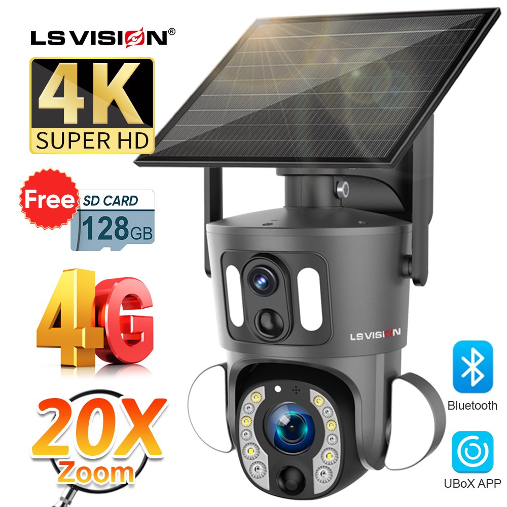 Ls VISION 4K 8MP 20X Zoom กล้องวงจรปิดไร้สาย 4G/WiFi กล้องโซล่าเซลล์เลนส์คู่ หน้าจอคู่ ซูมออปติคอล ติดตามมนุษย์ PTZ ระบบรักษาความปลอดภัย
