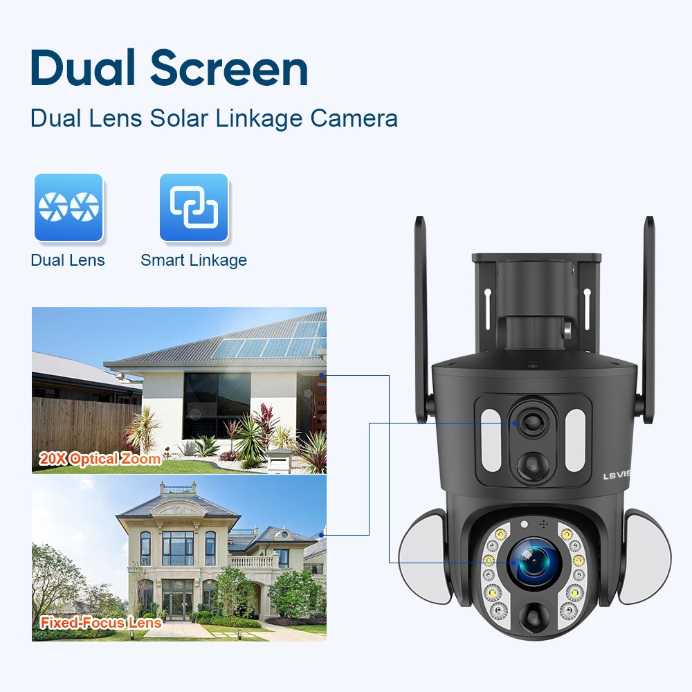 Ls VISION 4K 8MP 20X Zoom กล้องวงจรปิดไร้สาย 4G/WiFi กล้องโซล่าเซลล์เลนส์คู่ หน้าจอคู่ ซูมออปติคอล ติดตามมนุษย์ PTZ ระบบรักษาความปลอดภัย