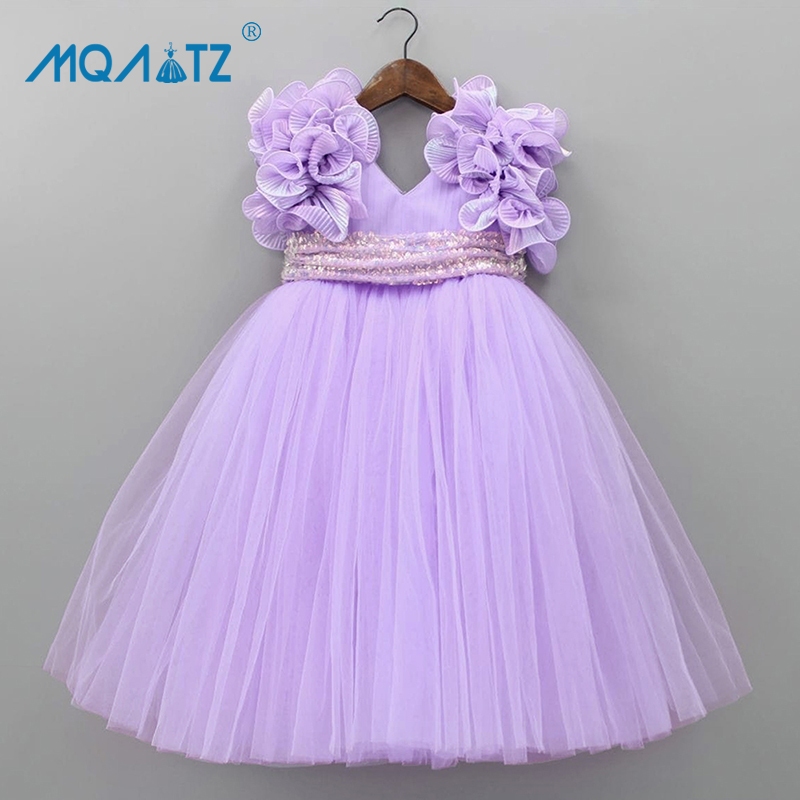 Mqatz Pageant สีม่วงชุดเพื่อนเจ้าสาวสําหรับสาวชุดเจ้าหญิง V คอชุดสาวชุดดอกไม้ชุดแต่งงาน ALP-0029