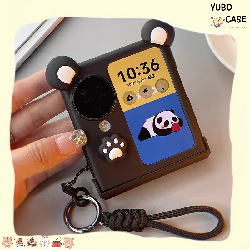 เคสกันรอยหน้าจอพับสีดำ ลายแพนด้า การ์ตูนน่ารัก มีหูซิลิโคน มีเชือกคล้อง เหมาะสำหรับ OPPO Find N2 Flip OPPO Find N3 Flip 5G