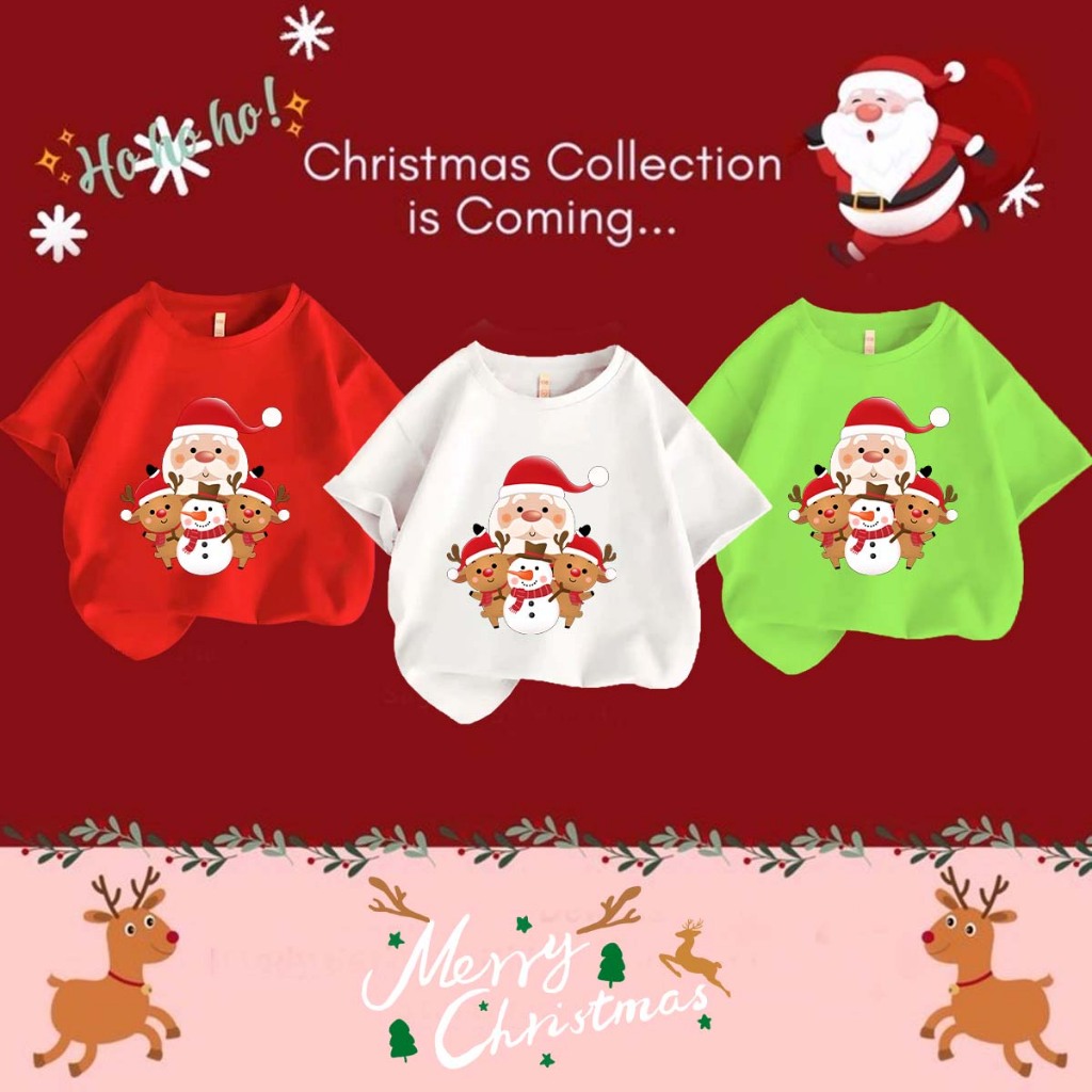 เสื้อยืดเด็กคริสมาสต์ คริสต์มาส Merry Christmas &Happy New Year Children's T-Shirt พิมพ์ด้วย ซานตาคลอส กวาง ลวดลาย ฝ้าย