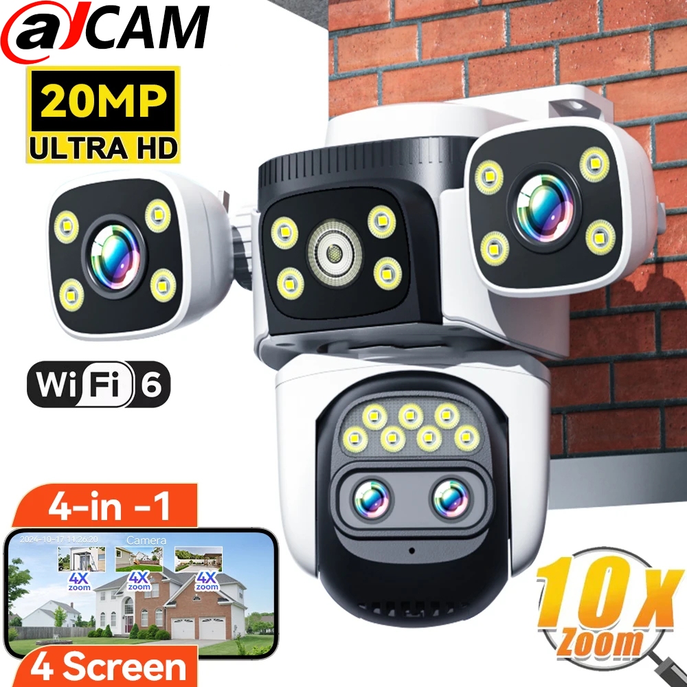10k UHD Security WiFi กล้อง 4 เลนส์ 4 หน้าจอการเฝ้าระวัง Cam Ai Track 10x ซูมออปติคัลกันน้ํากลางแจ้ง
