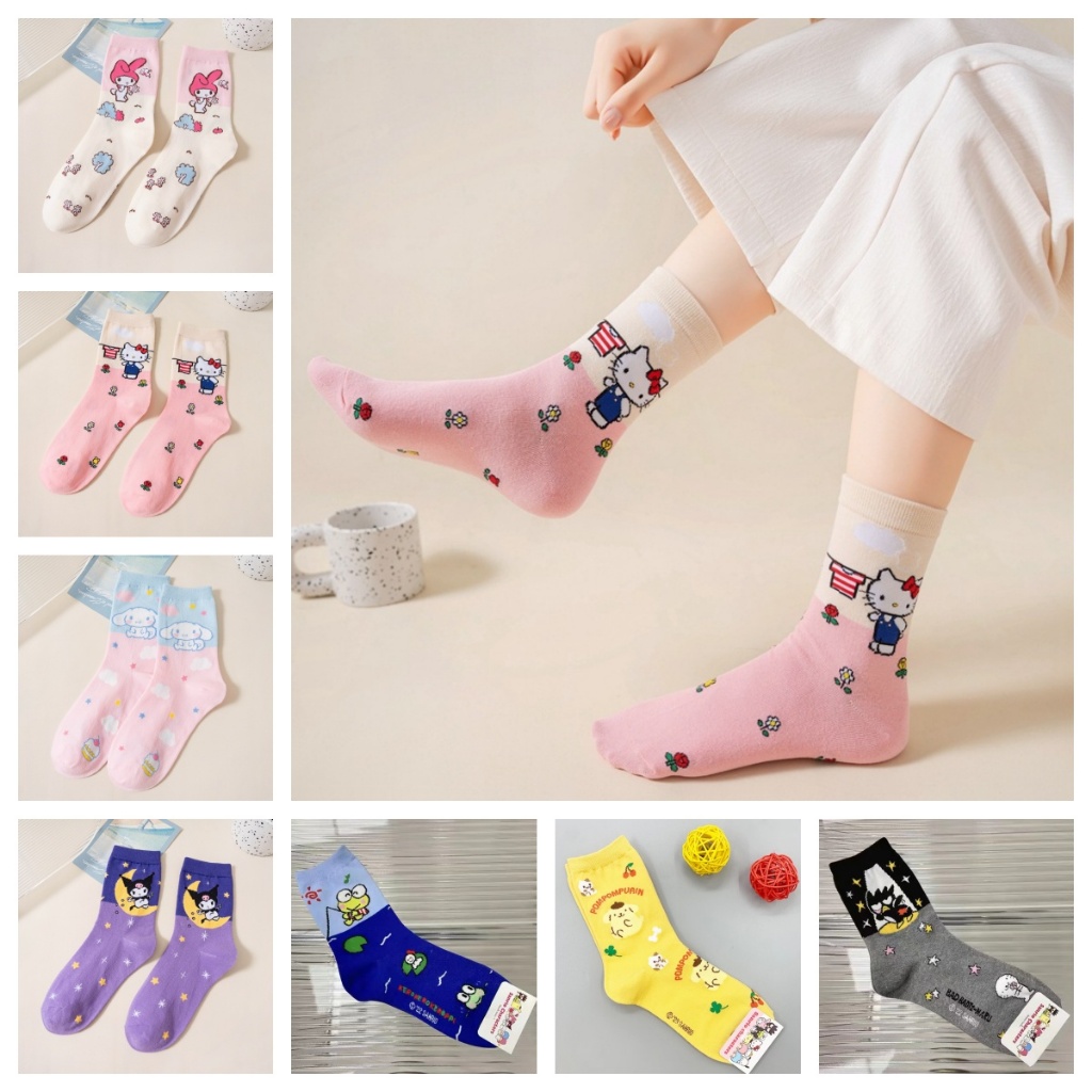 ถุงเท้าผ้าฝ้ายสำหรับผู้หญิง ลายการ์ตูนน่ารัก Sanrio สวมใส่ง่ายในวันสบายๆ#PC02