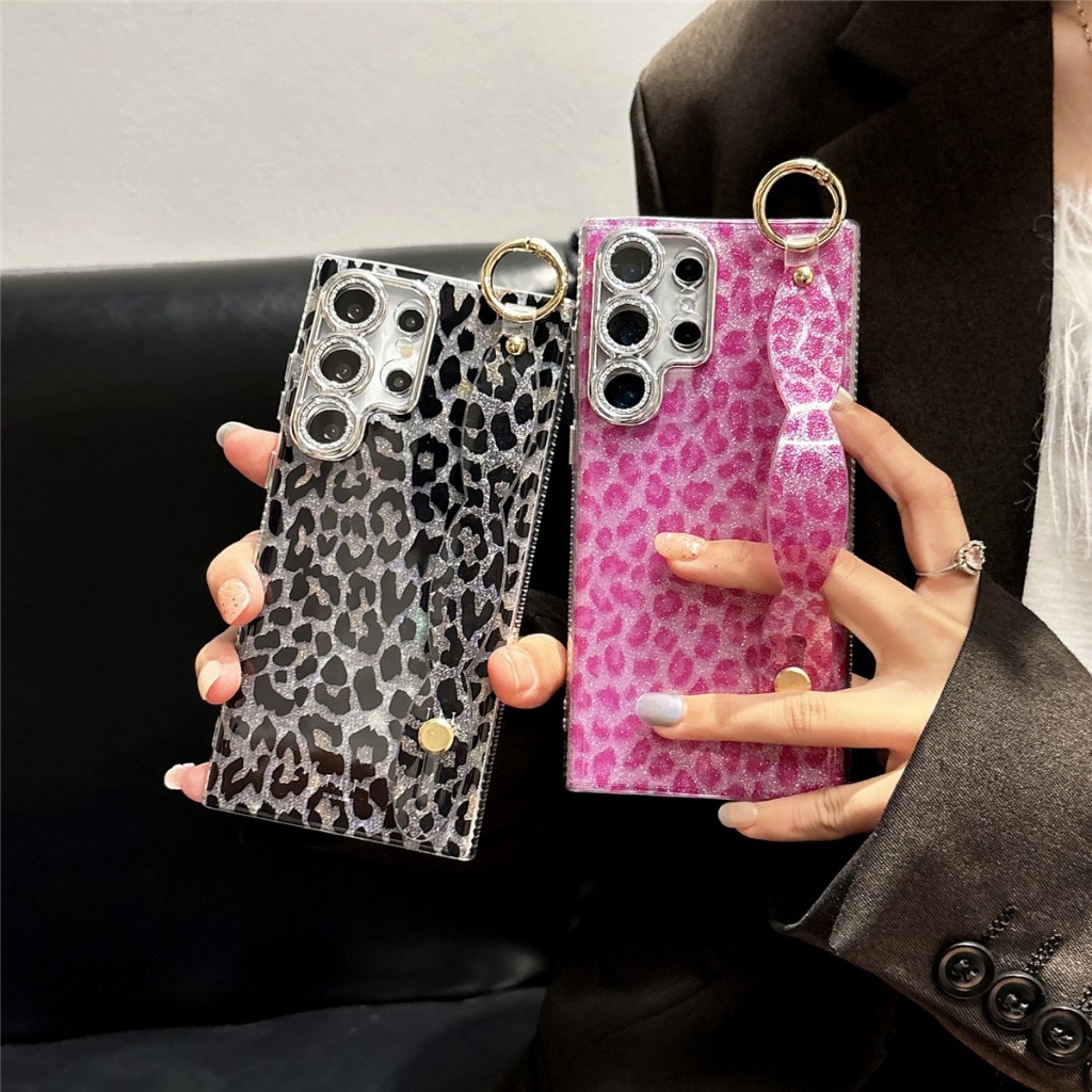 แวววาว ลายเสือดาว แถบข้อมือ ซองโทรศัพท์ Samsung Galaxy S24 FE S24 Ultra S24 Plus S24 S23FE S23 Ultra S23 Plus S23 S22Ultra Case เคสโทรศัพท์ใหม่ IMD ป้องกันการตก เคสมือถือซัมซุง