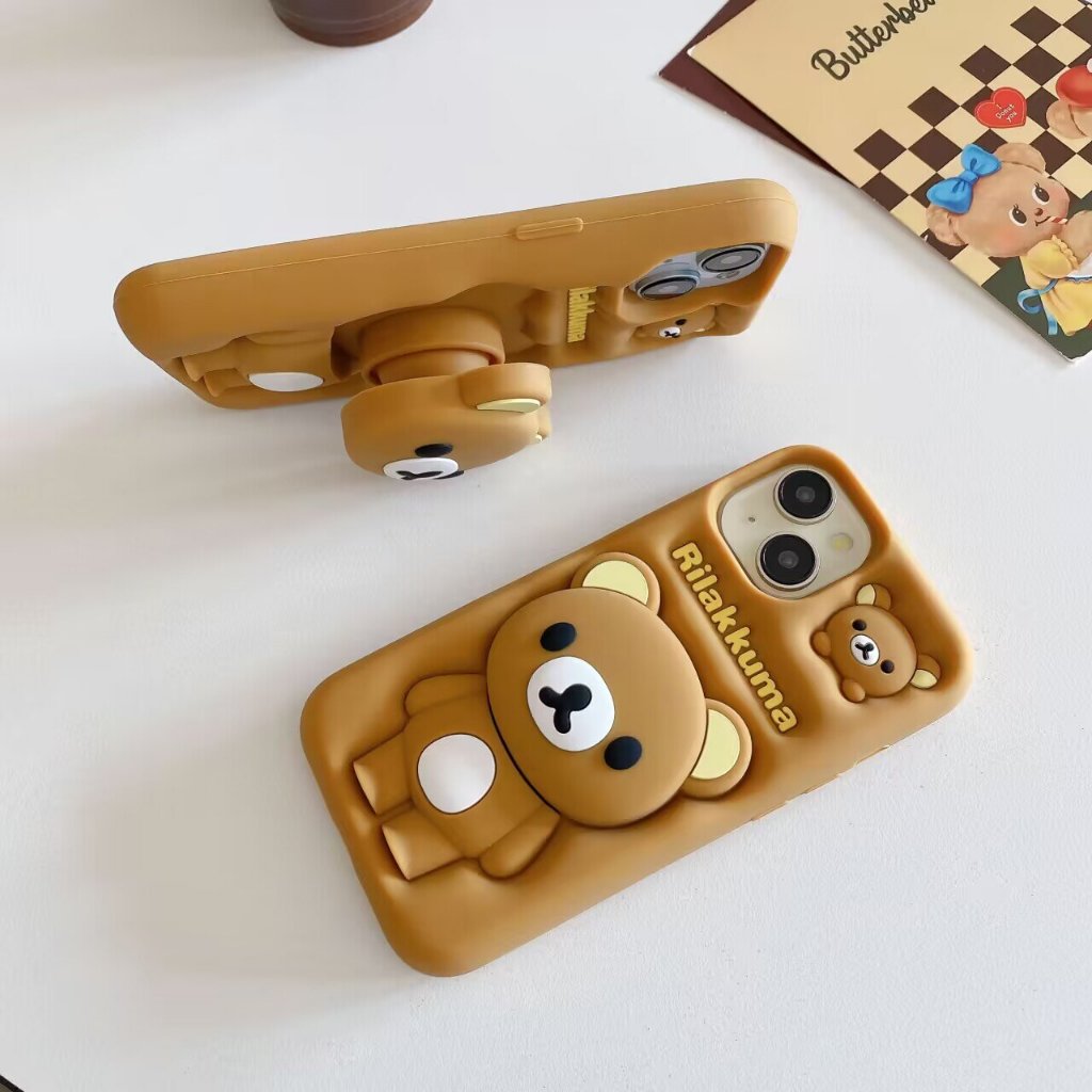 สําหรับ iPhone 16 Plus 15 14 12 Pro Max 11 3D การ์ตูน Rilakkuma Bear พร้อมขายึด Grip Stand Soft Case Cover