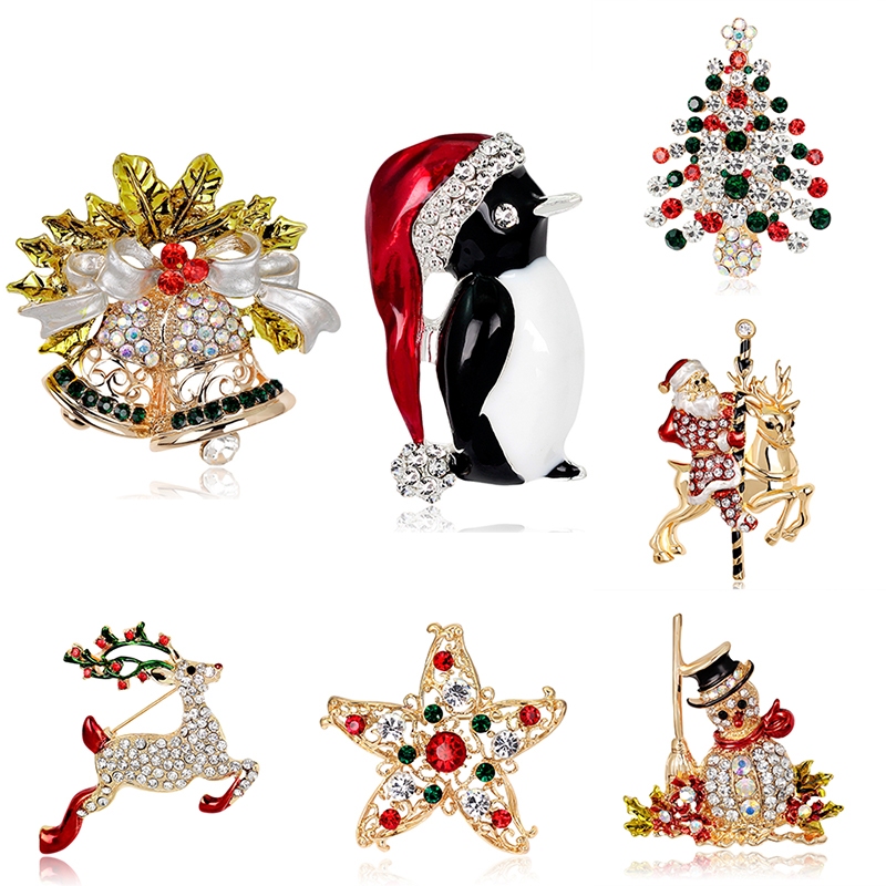 Merry Christmas Chrismas Tree เข็มกลัด Pins Rhinestone เข็มกลัด Elk Snowman Xmas Breastpins เสื้อกันหนาวผู้หญิง Jingling Bell Badge เสื้อผ้ากระเป๋าของขวัญวันหยุดฉลอง Party Festival