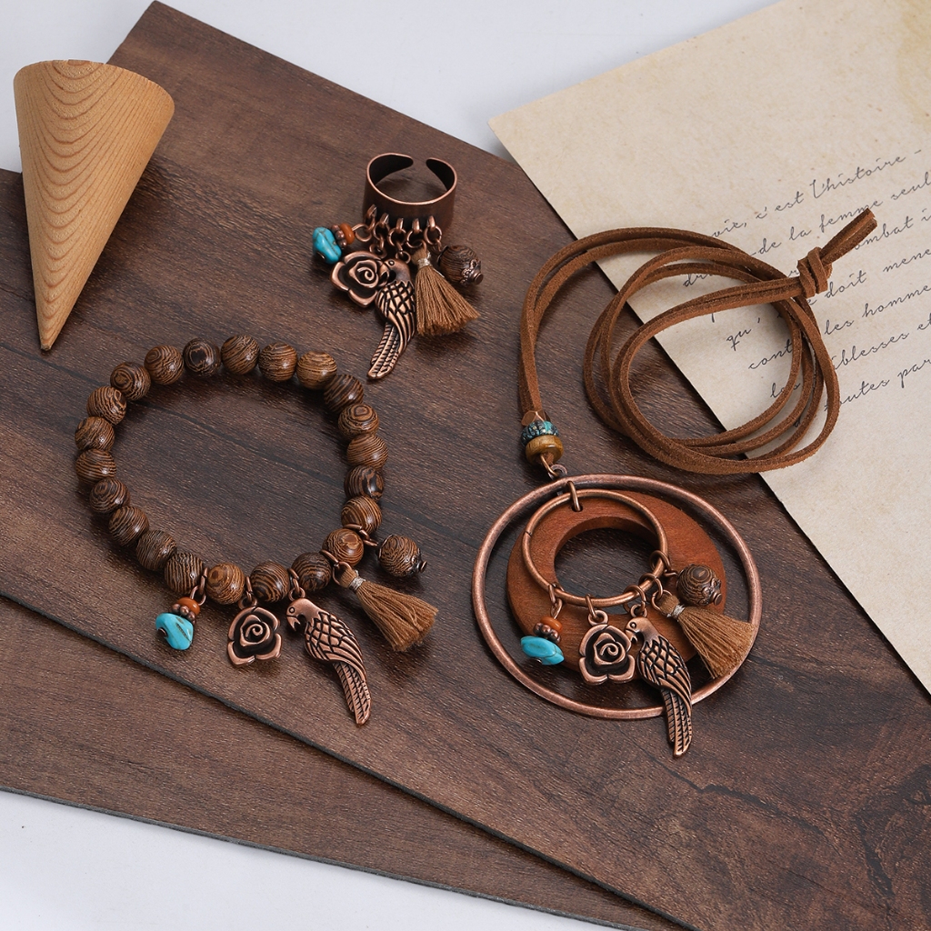 3ชิ้นโบฮีเมียผู้หญิงใหญ่รอบดอกไม้นกพู่สร้อยคอชุดย้อนยุคชาติพันธุ์ไม้ลูกปัดสร้อยข้อมือแฟชั่นแหวนเครื่องประดับ