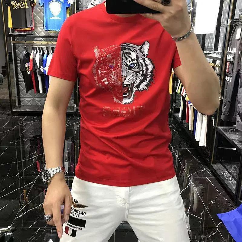 เสื้อยืดแขนสั้นผู้ชายผู้หญิง DIA Hot Rhinestone Tiger Head Street Breathable ผ้าฝ้ายแท้ชายหญิง Tops