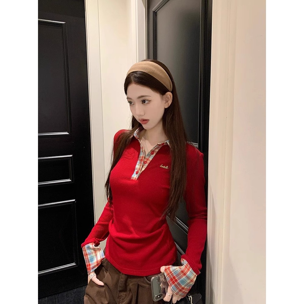 เสื้อถักนิตติ้งแขนยาวคอโปโลลายสก๊อตสําหรับผู้หญิง 2024 ฤดูหนาวดีไซน์ใหม่