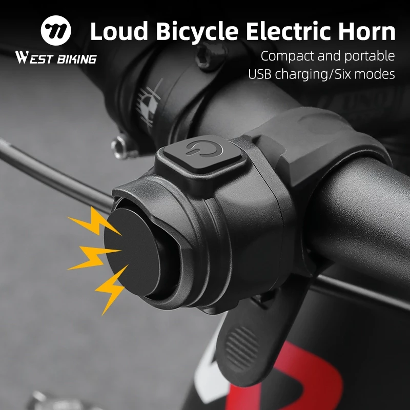 WEST BIKING กระดิ่ง USB ชาร์จ 80DB แตรเตือนความปลอดภัยจักรยานเสือภูเขาแฮนด์จักรยานอุปกรณ์ขี่รถจักรยาน
