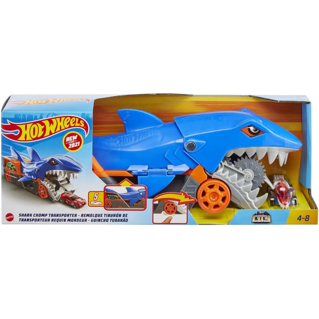 Hot Wheels รถของเล่น Shark Chomp Transporter & 1:64 Scale Car, เชื่อมต่อ Hot Wheels Track & Stores 5 Scale Vehicles GVG36